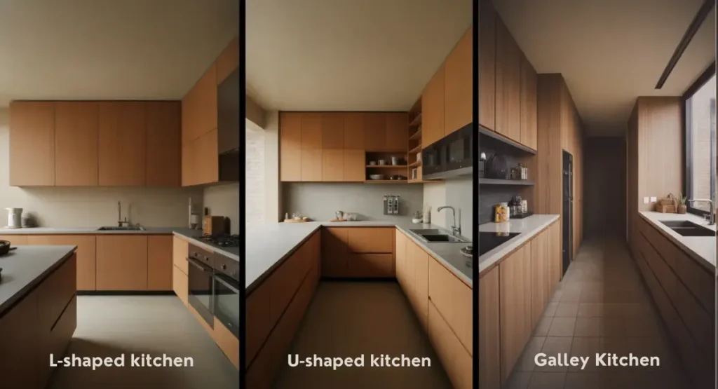 Image showing different types of kitchen shapes (L shape, U shape and galley shape)